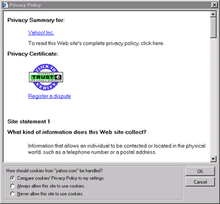 Yahoo!'s P3P policy as viewed in Internet Explorer 6. IE P3P Policy.png
