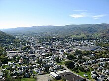 A view of Keyser from Queens Point, 2005. The worsted woolen mill - last used as a Penn Ventilator plant - is visible at bottom. The slight hill in the distance was where Fort Fuller stood and is now home to Potomac State College.