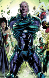 Lex Luthor in his warsuit as a member of the Justice League, art by Ivan Reis, Joe Prado and Rod Reis (2014)