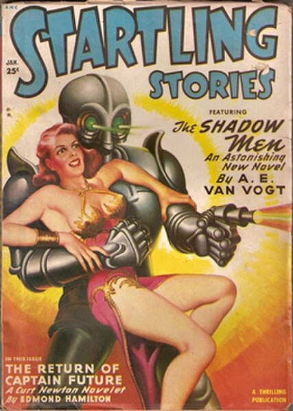 The robot on the cover of the January 1950 Startling Stories, painted by Earle K. Bergey, has "an engaging art deco stylishness to it" in the words of
