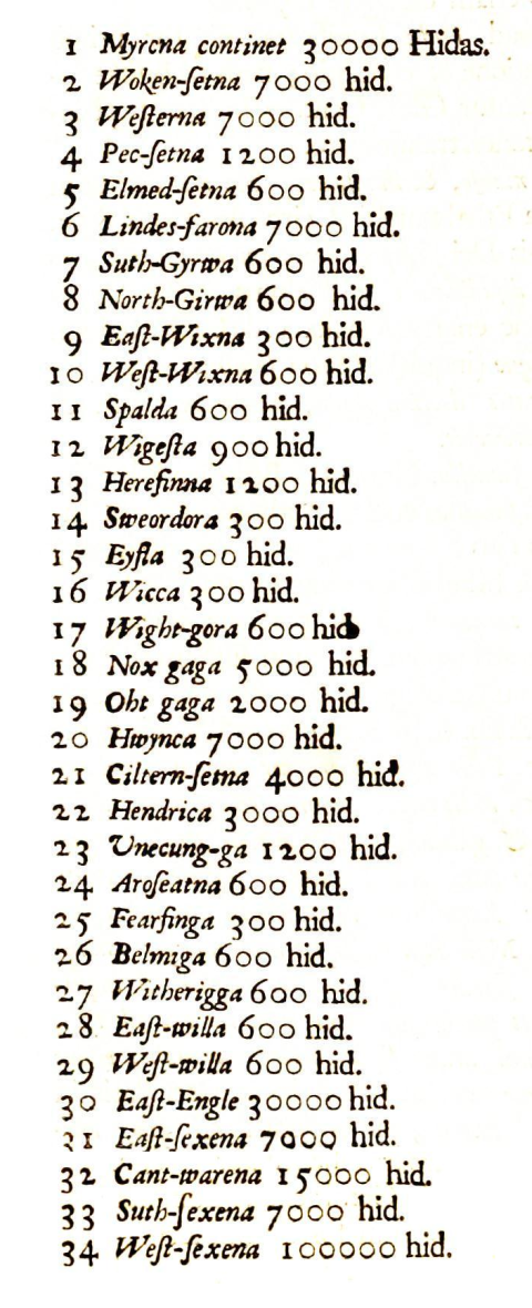 The Tribal Hidage, from an edition of Henry Spelman's Glossarium Archaiologicum