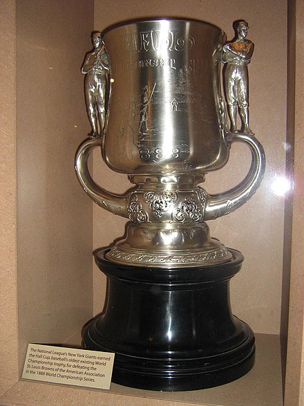 The "Hall Cup" was awarded to the Giants for defeating the Browns in the 1888 series. Now on display at the National Baseball Hall of Fame and Museum in Cooperstown, New York, the exhibit says the cup is "baseball's oldest existing World Championship trophy".