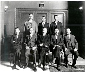 John Sexton & Co. leadership in 1914. Front row, left to right: Franklin Sexton, Dan Upton, John Sexton, Sherman Sexton, Harold R. White. Second row, left to right: Edmund Egan, William O'Leary, Thomas G. Sexton. Sexton Leadership 1921.jpg