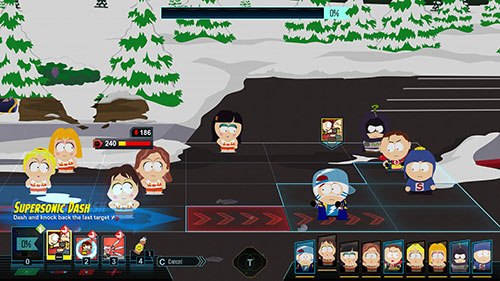 "The New Kid" (bottom right) and their allies (right) in a battle against Raisins girls (left); the bottom left shows the available attacks while the 