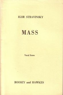 Original cover to the vocal score of the mass, published by Boosey & Hawkes Stravinsky Mass.jpg