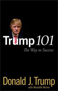 The book's title and authors are written on a black background, with a small portrait image of Trump above the letter 