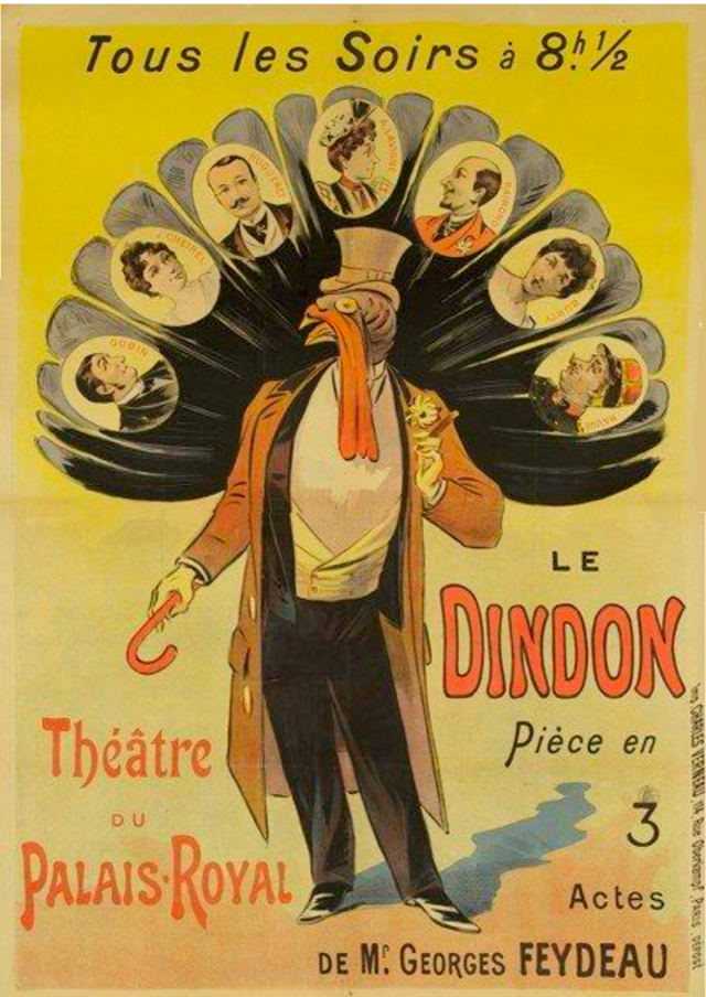 Theatre poster depicting male human body with turkey's head, wearing top hat