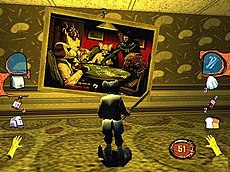 Gameplay as Dr. Hawkins in MDK2. Note the importance of inventory items in this mode; the player can select any item from the left inventory and any item from the right inventory and try to combine them. MDK2 gameplay.jpg