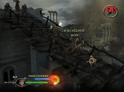 Screenshot showing Sam delivering a killing blow to an Orc on a bridge. In the top-right of the screen is a counter related to the level's objective o