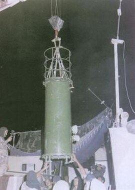 A cylindrical shaped nuclear bomb, Shakti I, prior to its detonation.