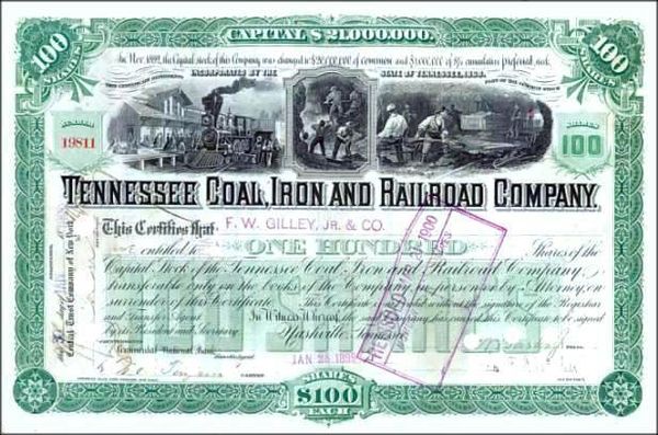 1899 Certificate for 100 Shares in TCI issued to FW Gilley Jr. & Co.