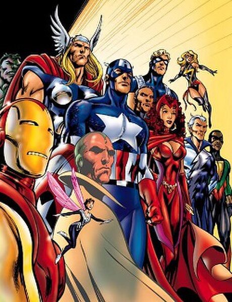 Cover of The Avengers Vol. 3 #38 (March 2001). Depicting (left-to-right): Hulk, Iron Man, Wasp, Thor, Vision, Captain America, Wonder Man, Hank Pym (a