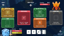 The player character (bottom left) fighting a dungeon enemy (top right). Each turn, the player or enemy slot random dice rolls into equipment, represented by the larger boxes, as to have the numerical values create combat effects. Dicey dungeons screenshot.png