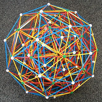 The 421 polytope can be projected into 3-space as a physical vertex-edge model. Pictured here as 2 concentric 600-cells (at the golden ratio) using Zome tools. (Not all of the 3360 edges of length [?]2([?]5-1) are represented.) E8 roots zome.jpg