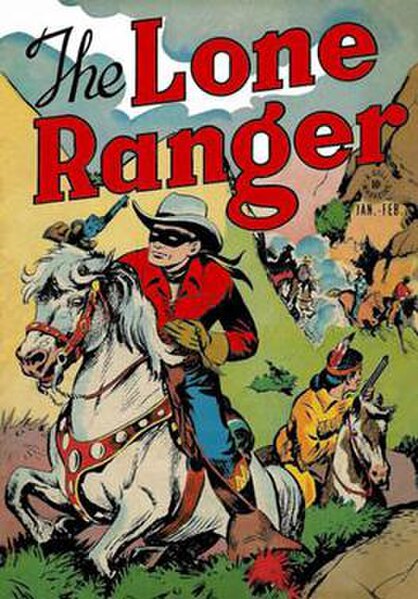 Cover of The Lone Ranger#1 (Jan–Feb 1948), the first comic book version of the character published by Dell Comics. Art by Mo Gollub