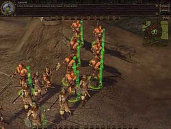 Screenshot of Myth III showing the 3D character models in a 3D terrain. The previous games in the series utilized a 3D terrain, but had used 2D sprites rather than fully 3D units. Myth III gameplay.jpg