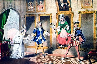 illustration from theatre poster, showing four characters in costumes from different periods of English history; they are portraits from a picture gallery come to life, and the two male ones are squaring up for a sword fight with each other; the two women try to restrain them