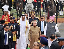 The President, Shri Pranab Mukherjee and the Prime Minister, Shri Narendra Modi with the Chief Guest of the Republic Day, The Crown Prince of Abu Dhabi, Deputy Supreme Commander of U.A.E. Armed Forces, General Sheikh Mohammed Bin Zayed Al Nahyan, at Rajpath, on the occasion of the 68th Republic Day Parade 2017, in New Delhi. India Republic Day 2017 Crown Prince.jpg