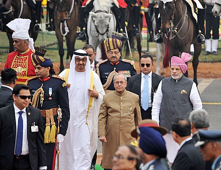 The President, Shri Pranab Mukherjee and the Prime Minister, Shri Narendra Modi with the Chief Guest of the Republic Day, The Crown Prince of Abu Dhabi, Deputy Supreme Commander of U.A.E. Armed Forces, General Sheikh Mohammed Bin Zayed Al Nahyan, at Rajpath, on the occasion of the 68th Republic Day Parade 2017, in New Delhi.