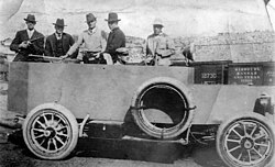 Machine gun equipped armored car built with steel from CF&I's Pueblo steel works, known to the striking miners as the Death Special. "The machine gun was turned on striking miners and used to riddle the Forbes tent colony." Ludlow Death Car.jpg