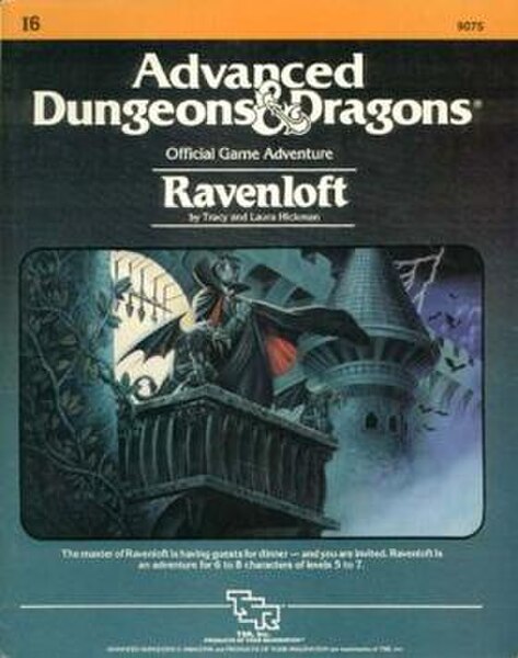 The cover of the original Ravenloft module, with art by Clyde Caldwell. The artwork depicts villain Strahd von Zarovich atop Castle Ravenloft.