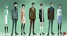 Artwork of the game's NPCs, whose fashion and hairstyles, alongside the main characters of the game, evoke those of 1960s Britain WeHappyFewNPCs.jpg