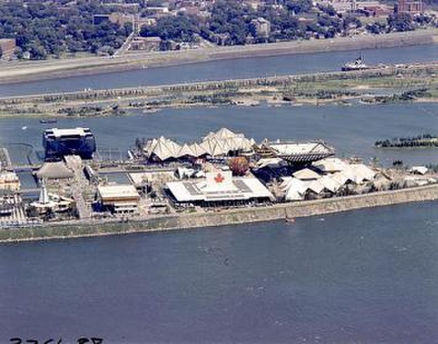 The Expo 67 site on Notre Dame Island with the Canada, Quebec and Ontario pavilions in view