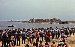 Columbia Point housing from Carson Beach. The photo depicts a 1977 racial conflict between residents of Columbia Point and South Boston for the use of Carson Beach and the L Street bath house. Columbia Point from Carson Beach.jpg