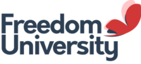 Freedom University mit einem roten Schmetterling in der oberen rechten Ecke