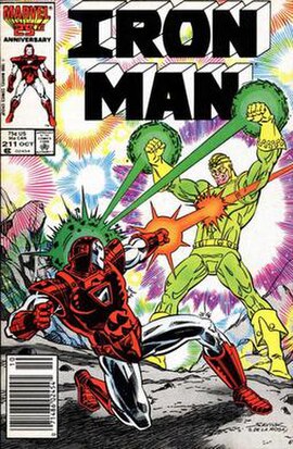 The Living Laser (right) battles Iron Man on the cover of Iron Man #211 (Oct. 1986). Art by Alex Saviuk.