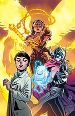 Jane Foster on the textless cover of ''Valkyrie: Jane Foster'' #6 (December 2019).<br> Pictured clockwise from left: Foster as herself; as Valkyrie; as Thor.<br>Art by [[Mahmud Asrar]] and [[Matt Wilson (comics artist)|Matthew Wilson]].