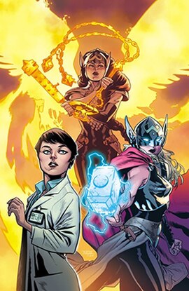Jane Foster on the textless cover of Valkyrie: Jane Foster #6 (December 2019). Pictured clockwise from left: Foster as herself; as Valkyrie; as Thor. 