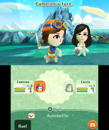 Two Mii characters engaging in the game's combat sequence on the 3DS version. Players' stats and actions can be accessed from the 3DS's bottom screen. Miitopia 3DS battle screenshot.png