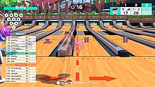 A player aiming the ball in a "special" round of the game's online Survival Bowling mode Nintendo Switch Sports bowling.jpg