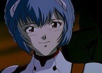 Rei Ayanami's smile at the end of the episode was described by director Hideaki Anno as the end of the character and by critics as the end of Evangelion as grand narrative. The scene attracted positive comments by anime reviewers. Rei II.jpg