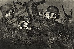 'Stormtroops Advancing Under Gas', etching and aquatint by Otto Dix, 1924. Dix was among the artists condemned as entartet. The distorted bodies, reflecting the horror and despair of war, were at odds with the desire to glorify the martial vigor and confidence of the German people. 'Stormtroops Advancing Under Gas', etching and aquatint by Otto Dix, 1924.jpg