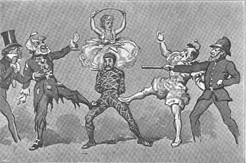 Illustration of the Harlequinade in The Forty Thieves (1878), showing Swell, Pantaloon, Harlequin, Columbine (above), Clown and Policeman Amateur Clubs and Actors-1- 154.jpg