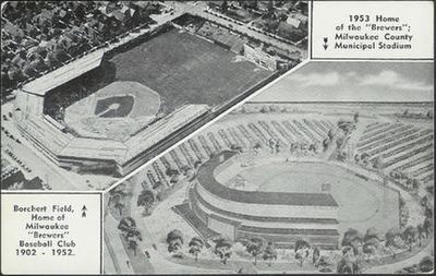 Postcard showing Borchert Field and its replacement, Milwaukee County Stadium
