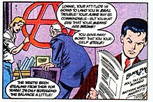 Lonnie Machin defends his actions in Detective Comics #620. Political elements include Machin's dialogue, the circle-A painted in the background, and an issue of Black Flag being read in the foreground by Tim Drake. Clip - Detective Comics -620 (August 1990).jpg