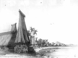 Bau Spirit House at Ucui Nabou and Lasakau shoreline scene. Viwa Island in background. From a drawing by Lieut. Conway Shipley 1848. Bau Spirit House 'Bure Kalou' circa 1849 .jpg