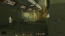 A street corner in Lower Hengsha, one of the game's hub levels. The HUD with available hotkey options, Adam's health, and currently equipped weapon and ammunition level are shown.[2]