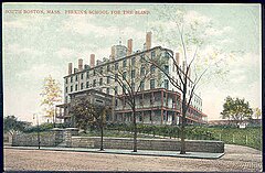 The Perkins School for the Blind in Watertown, Massachusetts was one of several institutions classed as tourist attractions in the late 19th and early 20th centuries. Perkins School.jpg