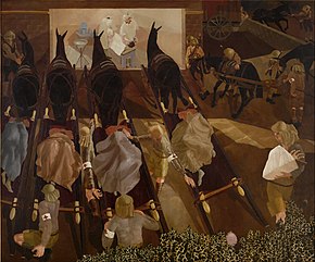 Travoys Arriving with Wounded at a Dressing-Station at Smol, Macedonia, September 1916 by Stanley Spencer Spencer, Stanley (Sir) (RA) - Travoys Arriving with Wounded at a Dressing-Station at Smol, Macedonia, September 1916 - Google Art Project.jpg