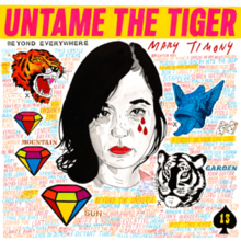 A drawing of Mary Timony's head with tears of blood falling from her eye, surrounded by multi-coloured text, jewels and the heads of tigers