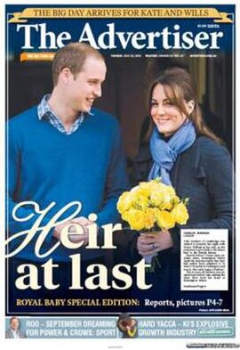 The Duke and Duchess of Cambridge on front page of The Advertiser on 23 July 2013