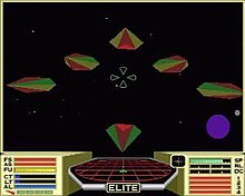 Enhanced graphics in the Archimedes version of Elite, showing several Viper-class police ships flying in formation and a planet in lower-right corner Arcelite through vipers.jpg