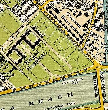 The Royal Hospital on Stanford's map of central London 1897 Chelsea Barracks map 1897.jpg
