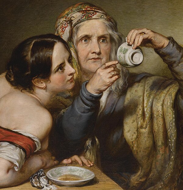 Mary Ann McCracken is believed to have posed as the tea-leaf reader in the "Cup-tossing" by Belfast painter Nicholas Crowley, 1842.