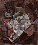 Pablo Picasso, 1913, Bouteille, clarinette, violon, journal, verre, 55 x 45 cm