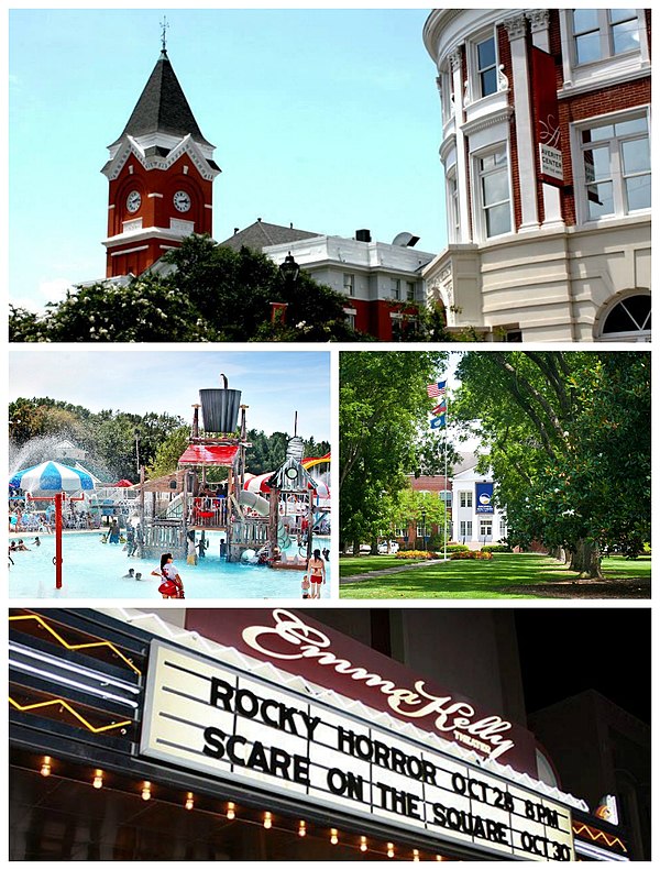 From top to bottom left to right: The Bulloch County Courthouse and Averitt Center for the Arts, Splash in the Boro Water Park, Campus Georgia Souther